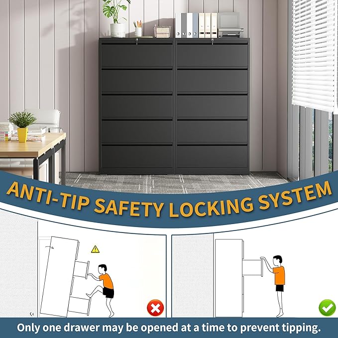 5 Drawer File Cabinet with Lock, Lateral Filing Cabinets, Metal Storage Filing - Image 5