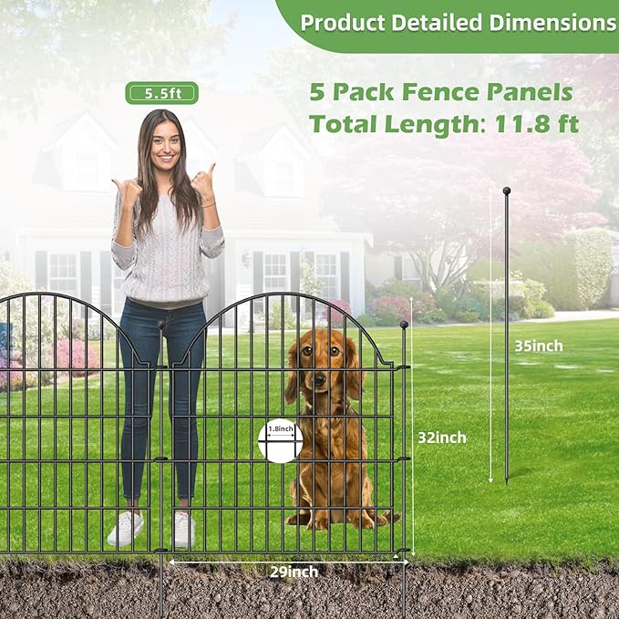 Decorative Metal Garden Fence 5 Panels, 32in x 11.8ft No Dig Dog Fence Outdoor - Image 2