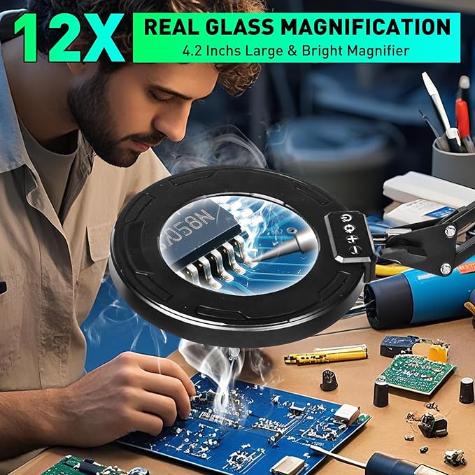 12X Magnifying Glass with Light and Clamp, Ultra Long 3-Section Arm LED Lighted - Image 3