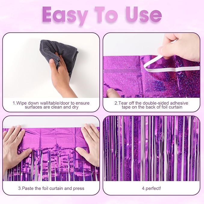 3 Pack 3.3 x 8.2 ft Laser Purple Foil Fringe Backdrop Curtains, Tinsel - Image 5