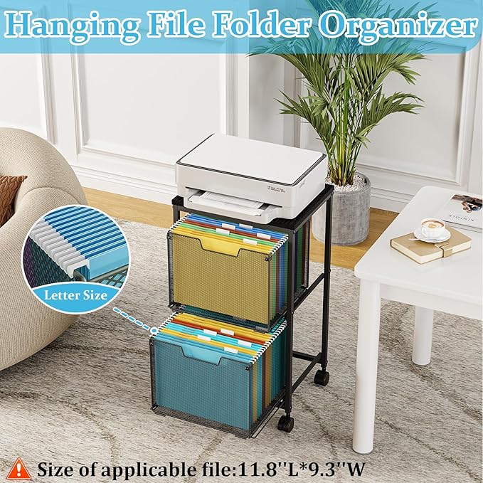 Rolling File Cart with 2 Storage Drawers, File Cabinet with Wheels, Hanging - Image 4