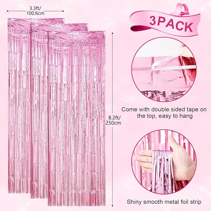 3 Pack 3.3 x 8.2 ft Light Pink Foil Fringe Backdrop Curtains, Tinsel Streamers - Image 3