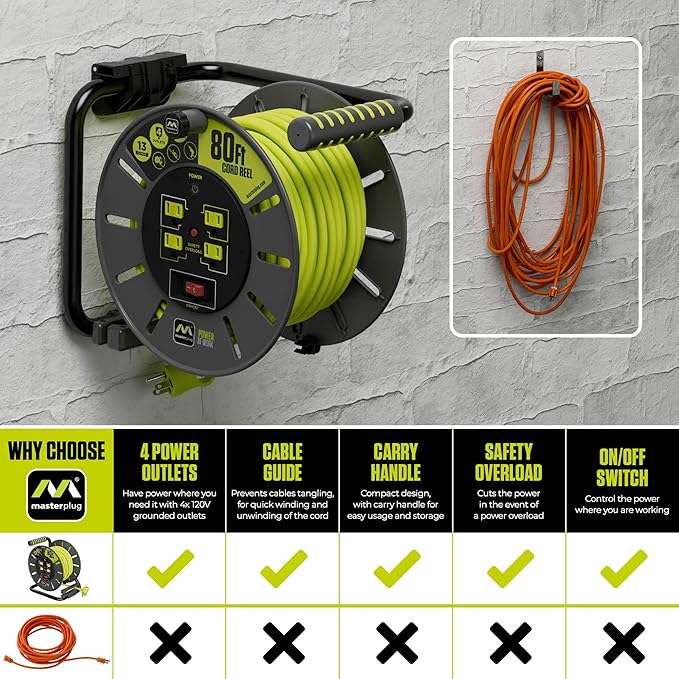 Masterplug 80ft Cord Reel, Retractable Extension Lead - Image 5