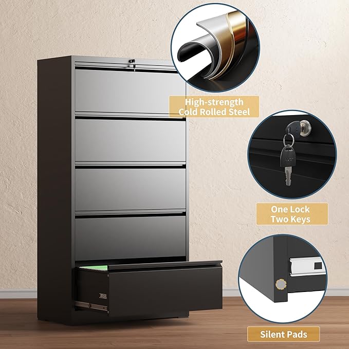 5 Drawer File Cabinet with Lock, Lateral Filing Cabinets, Metal Storage Filing - Image 4