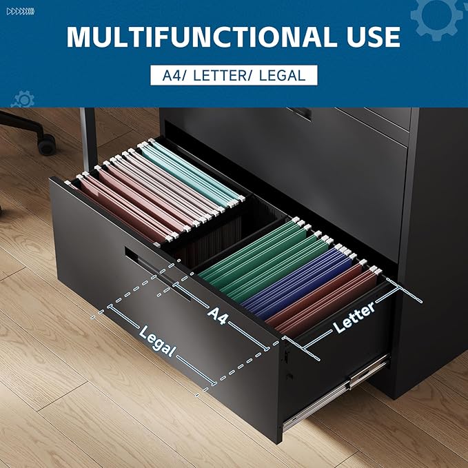 3-Drawer Metal File Cabinet, Lateral Vertical Filing Cabinets - Image 4