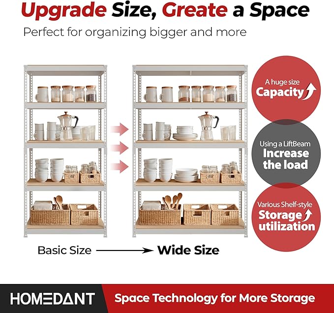 HOMEDANT 47.7" W 5 Tier Heavy Duty Garage Shelving Adjustable Metal Rack - Image 9