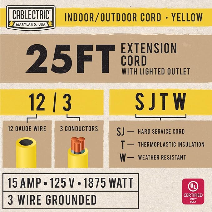 25 Ft Outdoor Extension Cord - 15 Amp 12/3 SJTW Heavy Duty Yellow 12 Gauge - Image 2