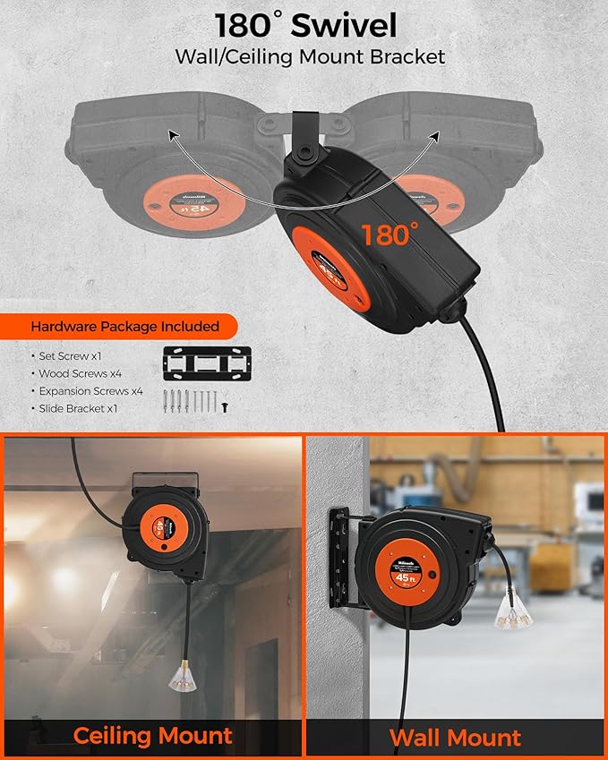 Retractable Extension Cord Reel, 45 FT Heavy Duty Power Cord, 12AWG/3C SJTOW - Image 4