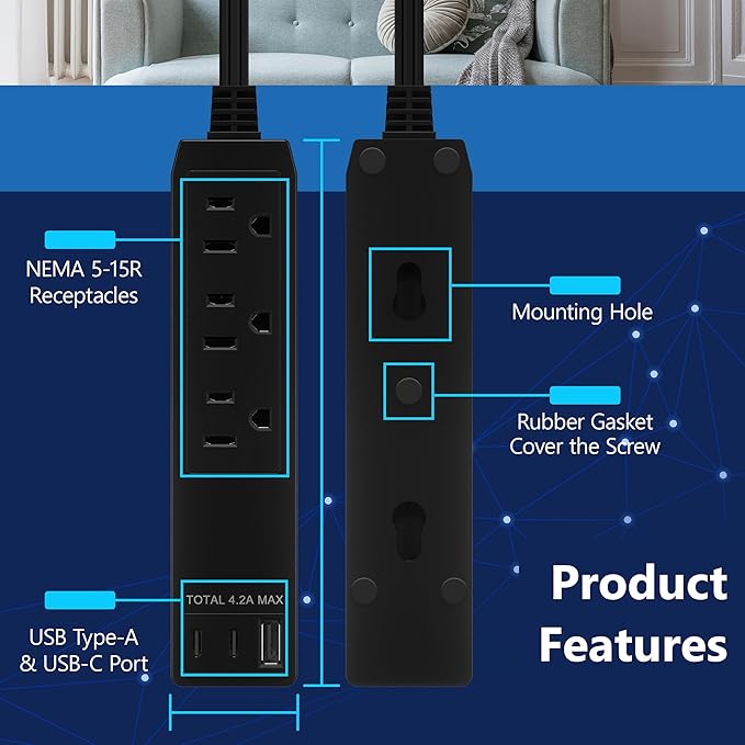 LIDER Outlet Extender with 3 Receptacles, 21W USB Type-A, and 2 USB Type-C - Image 5