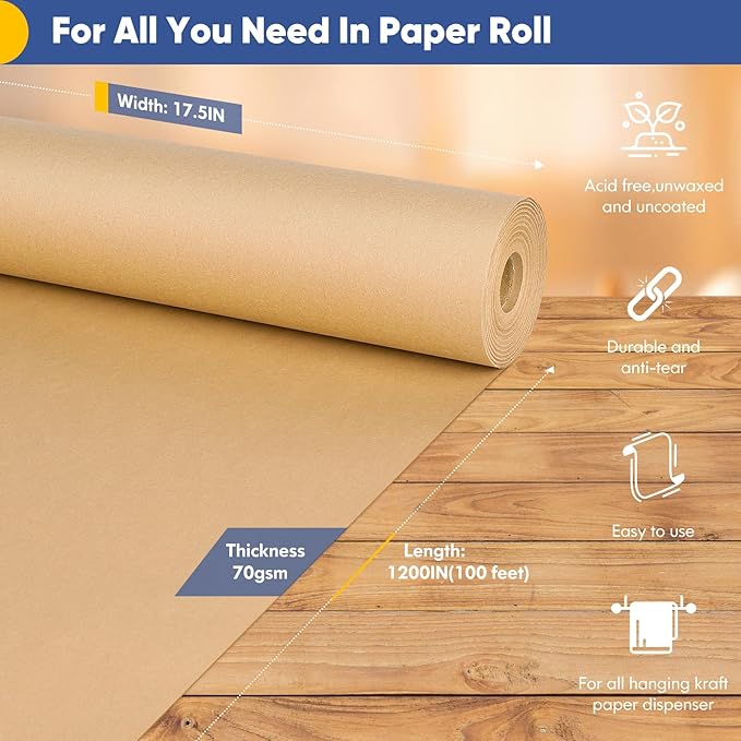 Vanhench Brown Wrapping Paper Roll, Craft Kraft Packing Paper 17.5"x 1200" - Image 2