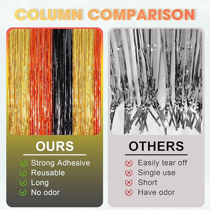 3 Pack 3.3 x 8.2 ft Black Gold Orange Foil Fringe Backdrop Curtains, Tinsel - Image 3
