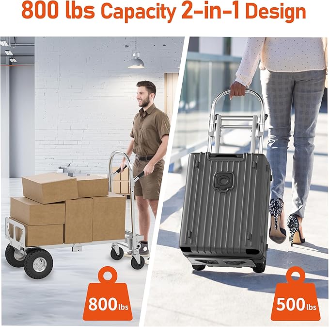 800 LBS Dolly Cart with Wheels, 2 in 1 Folding Hand Truck, Stainless Steel - Image 3