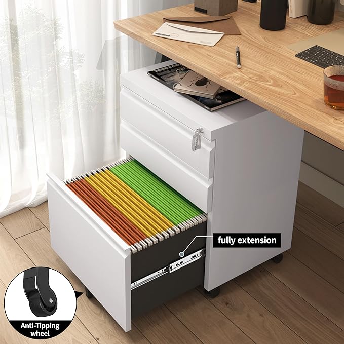 Mobile File Cabinet for Home Office, Lockable 3 Drawer Filing Cabinet - Image 6
