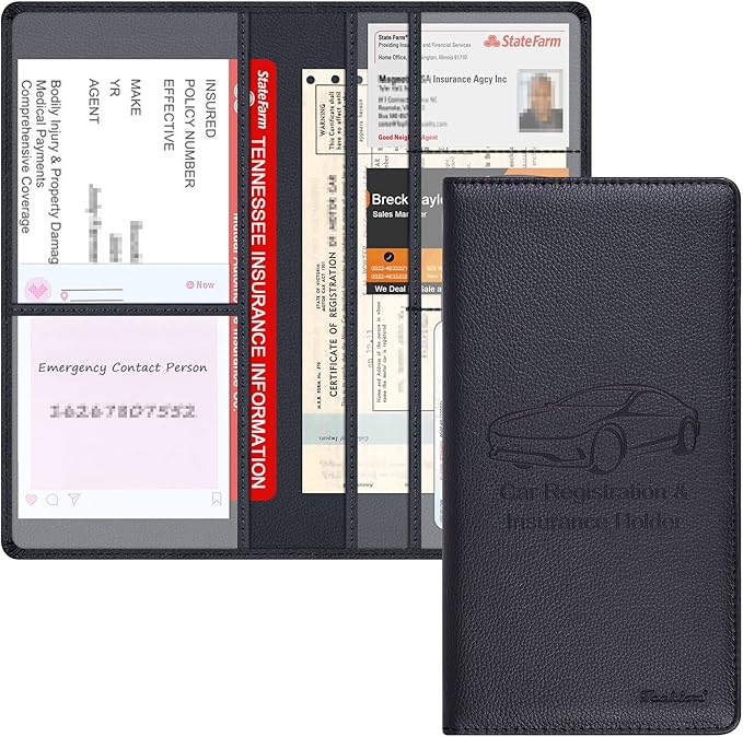 Car Insurance and Registration Holder, 9.5 x 5 Inch PU Leather Vehicle Glove by Techion