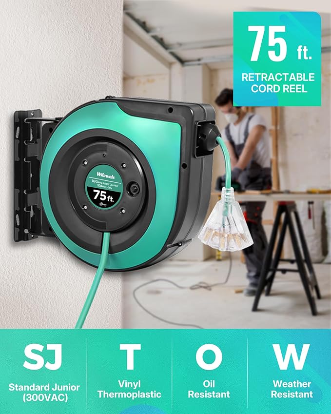 Retractable Cord Reel, 75 FT Heavy Duty Extension Cord, 14AWG/3C SJTOW - Image 3
