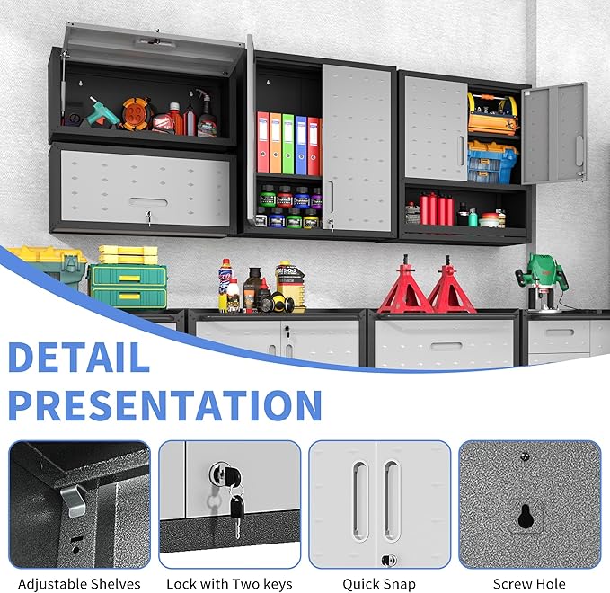 Garage Wall Cabinet with Flip-Up Door, Lockable Metal Storage Cabinet Wall - Image 6
