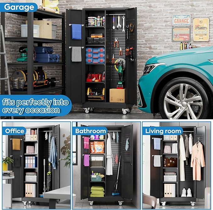 Garage Storage Cabinet with Wheels, Broom Closet Storage Cabinet with Pegboards - Image 9