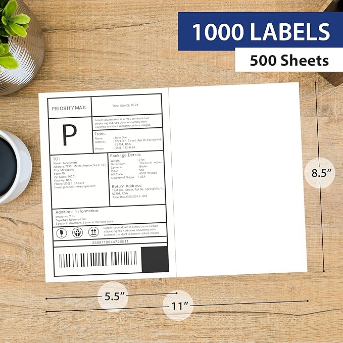 500 Sheet | 8.5" x 11" 2 UP Half Sheet Self Adhesive Shipping Labels - Image 2