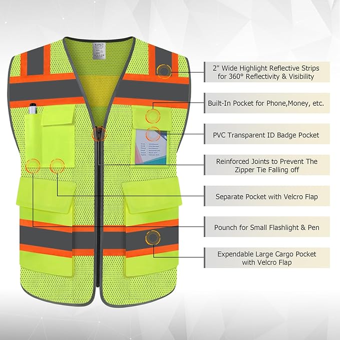 TCCFCCT Reflective Safety Vest 5 Pockets Mesh High Visibility Vest - Image 3