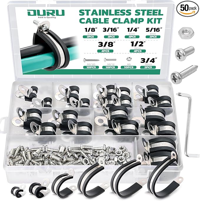50PCS Cable Clamps with Screws Assortment Kit 304 Stainless Steel Rubber Coated by OURU