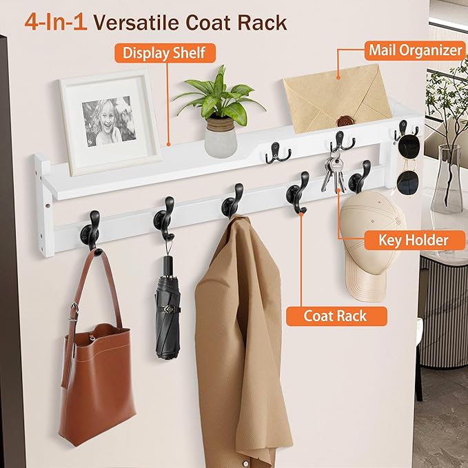 29'' Coat Rack Wall Mount with Shelf, Coat Hanger Wall Mount with Key Hooks and - Image 2