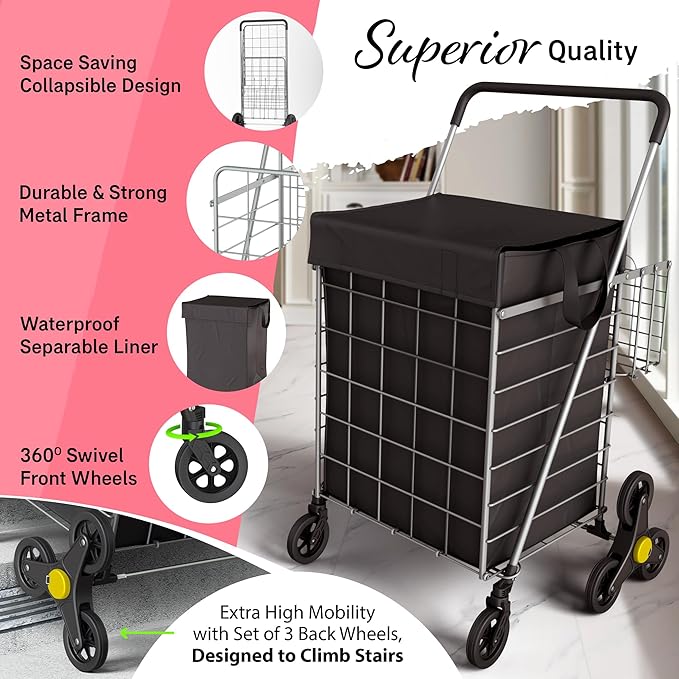 Stairs Climbing Shopping Cart w/Waterproof Basket Liner & 360° Swivel Wheels | - Image 5