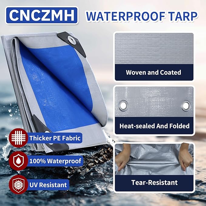 Heavy Duty Tarp Waterproof 16x20 Feet, 10 Mil Thick Silver Blue Poly Tarps - Image 2