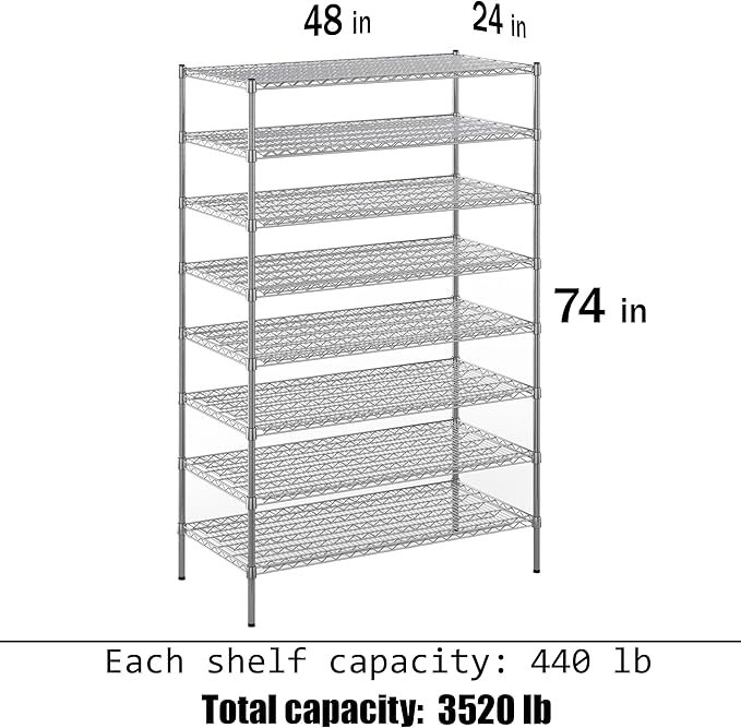 24" Deep x 48" Wide x 74" Height Wire Shelving Kit | 8-Tier | NSF Commercial - Image 3