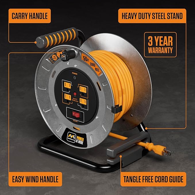 Masterplug 50ft Cord Reel, Metal Steel Cable Drum, Retractable Extension Lead - Image 3