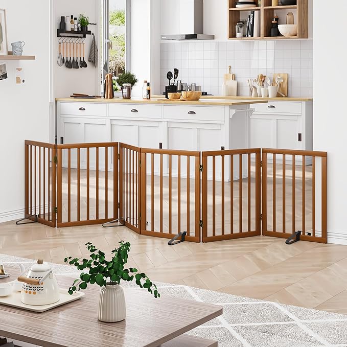 Freestanding Pet Gate Foldable Dog Gate Walnut Bamboo Dog Gates - Image 2
