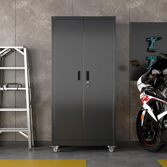 Garage Storage Cabinet with Wheels & Pegboard, Lockable Metal Storage Cabinet - Image 9
