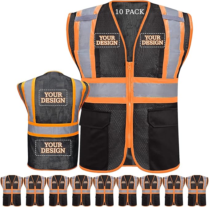 Custom Safety Vest with Logo Pockets High Visibility Reflective Vests by CustomTok