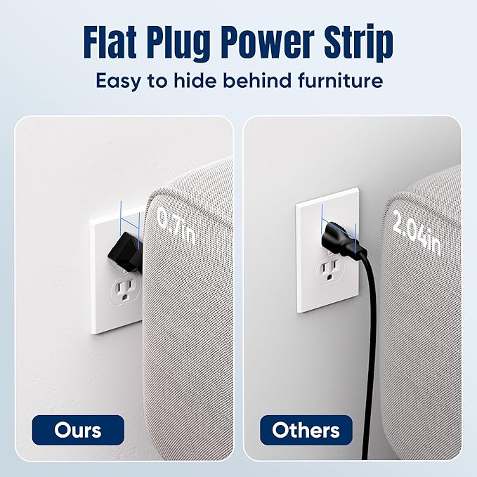 6 FT Flat Plug Surge Protector Power Strip, 11 Multiple AC Outlets - Image 6