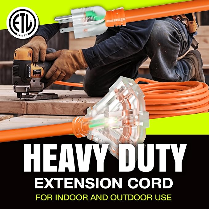 75ft Outdoor/Indoor Extension Cord 3-Outlet 12/3 Gauge Extra Heavy Duty ETL - Image 7