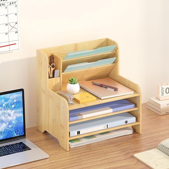 Bamboo Desk Organizer Mail Holder Countertop Letter Tray File Organizer - Image 3