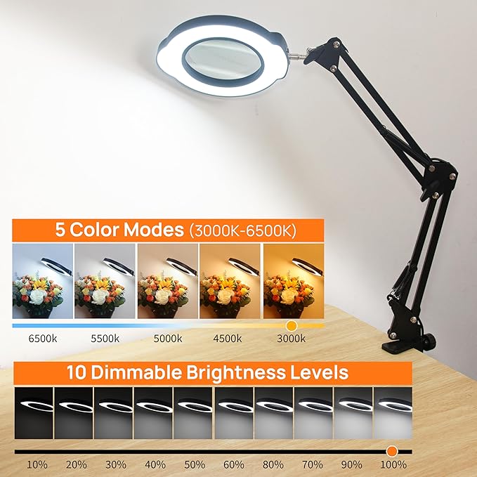 10X Magnifying Glass with Light and Clamp, 5 Color Stepless Dimmable Modes 84 - Image 2