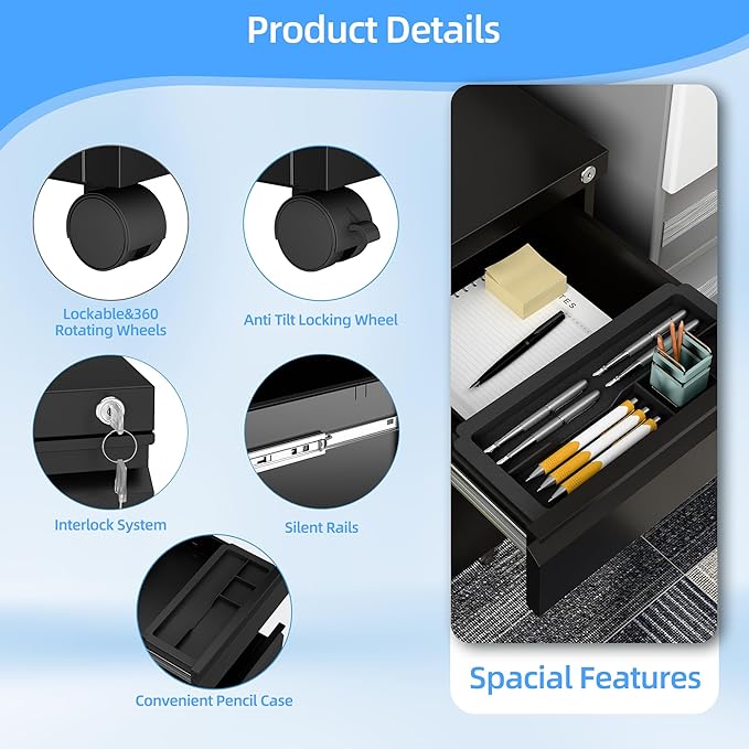 SUXXAN 3 Drawer Under Desk Mobile File Cabinet - Image 8