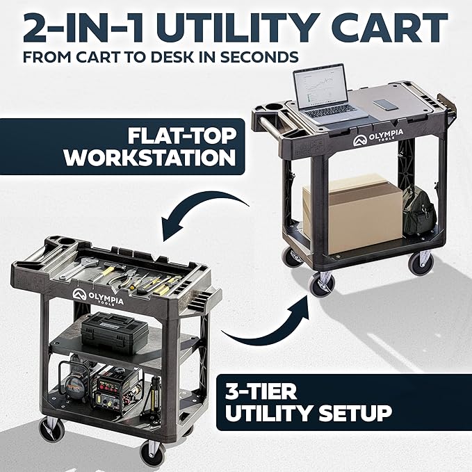 Olympia Tools Heavy Duty Utility Work Cart | 2 in 1 Convertible 3 Shelf to Flat - Image 3