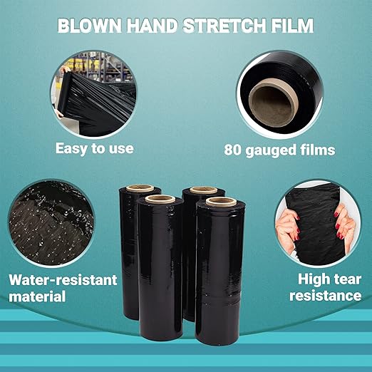 APQ 4 Rolls of Blown Hand Stretch Film 15" x 1500'. Black Hand Stretch Wrap - Image 4