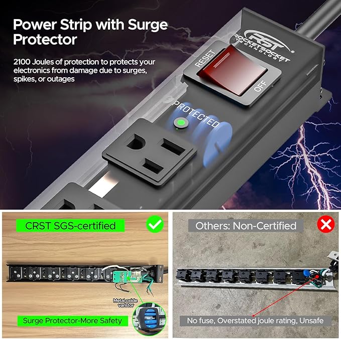 CRST 8 Outlet Metal Heavy Duty Power Strip, 2100J Surge Protector, 6FT Cord - Image 3