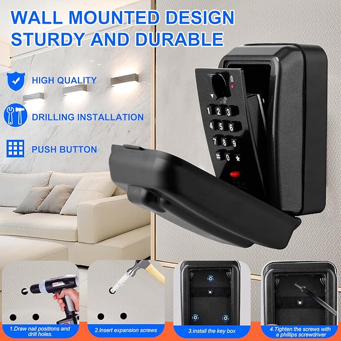 Key Lock Box, 12-Digit Code, Weatherproof Wall Mount, Large Capacity 5-8 Keys - Image 4