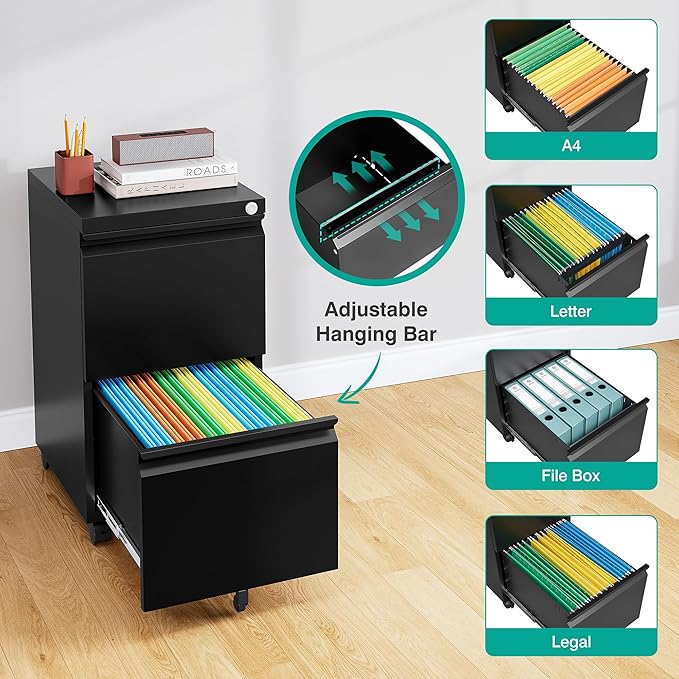 SISESOL 2 Drawer File Cabinet on Wheels, Metal Filing Cabinet - Image 5