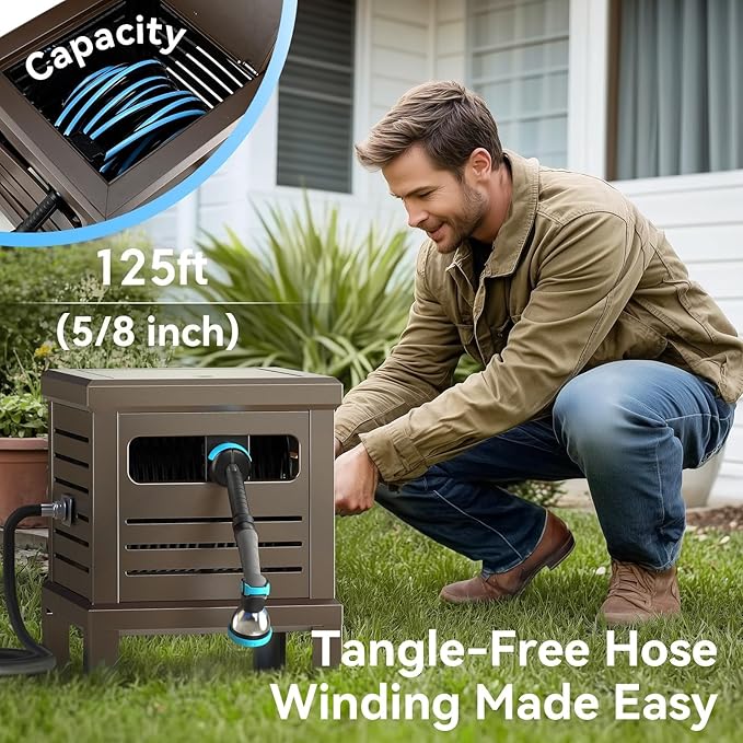 Hose Reel, Heavy Duty Metal Deck Box Hideaway Holds 125 ft x 5/8" Hose - Image 3