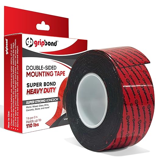 GripBond Black Super Bond Heavy Duty Double Sided Tape, 1 Roll, 1.2” x 220” – by GripBlue
