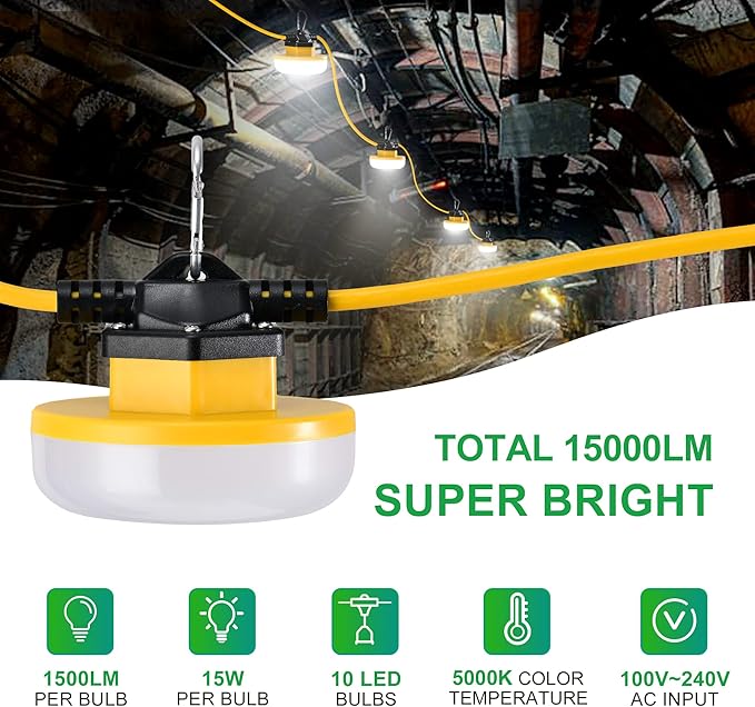 LEDIARY 100FT LED Construction String Lights, 150W 15000LM String Work Light - Image 2
