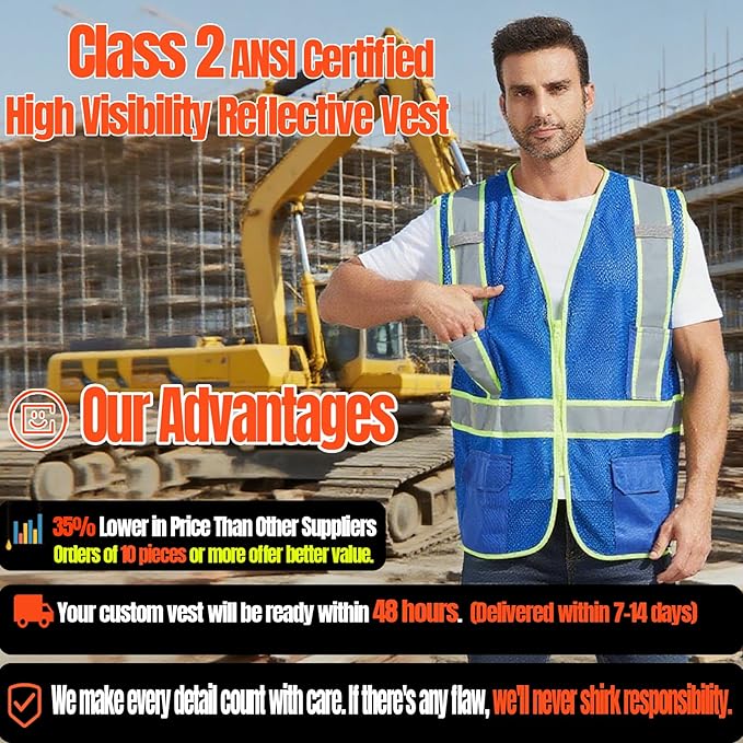 BeautyWill Custom Safety Vest Customized Logo Class 2 High Visibility - Image 2