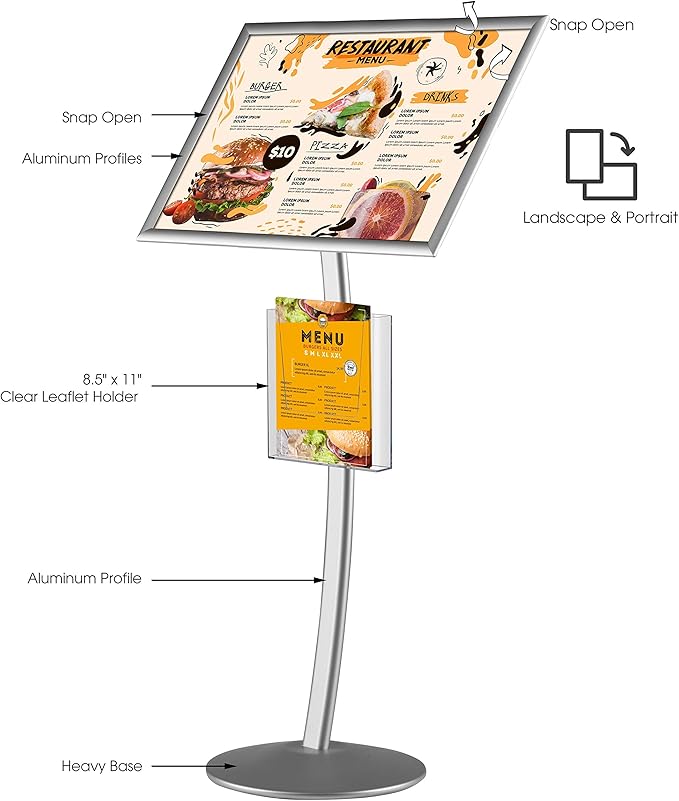 M&T Displays Curved Menu Board, 18x24 Inch Pedestal Sign Holder - Image 2