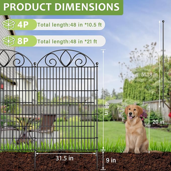 8 Panels No Dig Tall Garden Fence Panel – 48" H X 21' L Rustproof Metal Dog - Image 6