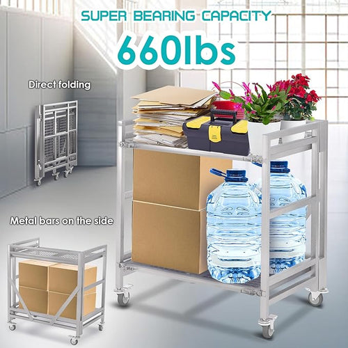 2 Shelf Rolling Cart with Wheels, 660lbs Capacity Collapsible Steel Rolling - Image 2
