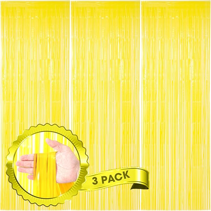 3 Pack 3.3 x 8.2 ft Pastel Yellow Foil Fringe Backdrop Curtains, Tinsel by Voircoloria
